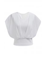 Flowy Chiffon Spliced V-Neck Crop Top in White