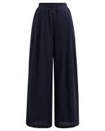 Side Pocket Wide-Leg Linen-Blend Pants in Navy