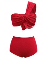 One-Shoulder Knotted Texture Bikini Set in Red