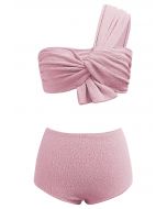 One-Shoulder Knotted Texture Bikini Set in Pink
