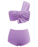 One-Shoulder Knotted Texture Bikini Set in Lilac