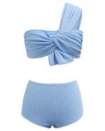 One-Shoulder Knotted Texture Bikini Set in Blue