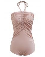 Solid Color Drawstring Halter Neck Swimsuit in Dusty Pink