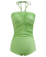 Solid Color Drawstring Halter Neck Swimsuit in Green