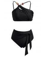 Resin Bead Asymmetric Straps Bowknot Bikini Set in Black
