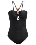 Resin Beads Halter Neck Texture Swimsuit in Black