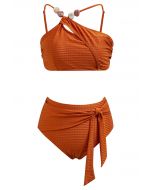 Resin Bead Asymmetric Straps Bowknot Bikini Set in Caramel