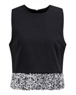 Sequined Hem Sleeveless Tweed Crop Top in Black