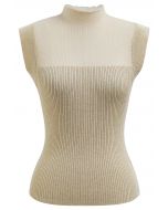 Cutout Mesh Mock Neck Metallic Knit Top in Gold