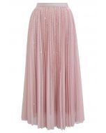 Glister Sequin Trim Mesh Tulle Maxi Skirt in Pink