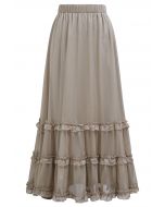 Swirling Ruffle Trim Maxi Skirt in Taupe