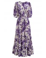 Purple Floral Jacquard Frilling Wrapped Dress
