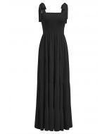 Fluttering Tie-Shoulder Shirred Maxi Dress in Black