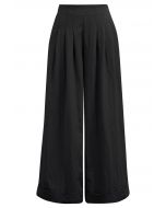 Wide Leg Roll-Hem Pleated Pants in Black