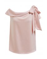 Side Bowknot Asymmetrical Neckline Satin Top in Pink