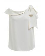 Side Bowknot Asymmetrical Neckline Satin Top in Ivory