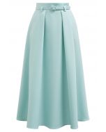 Side Pockets Pleated Belt Midi Skirt in Mint