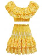 Ruffled Off-Shoulder Shirred Crop Top and Mini Skirt Set in Yellow