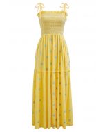 Floret Embroidery Tie-Shoulder Shirred Dress in Yellow