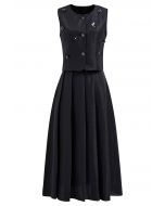 Sequined Floret Button Down Vest and Pleated Skirt Set in Black