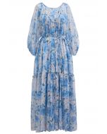 Gauzy Floral Print Bubble Sleeve Dolly Dress in Blue