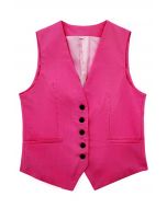 V-Neck Buttoned Down Linen-Blend Vest in Hot Pink