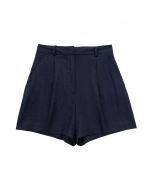 Side Pocket Pleated Linen-Blend Shorts in Navy