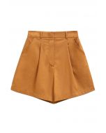 Side Pocket Pleated Linen-Blend Shorts in Pumpkin