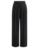 Adjustable Belt Pleated Straight-Leg Pants in Black