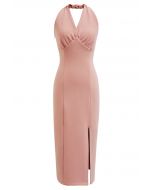 Modern Muse Halter Neck Slit Sheath Dress in Peach