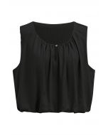 Mesh Inserted Linen-Blend Sleeveless Crop Top in Black