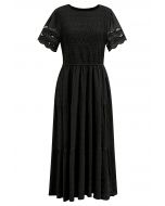 Cutwork Sleeve Shirred Bodice Midi Dress in Black