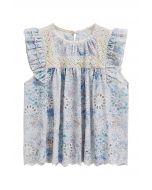 Floral Printed Eyelet Embroidered Sleeveless Dolly Top in Blue