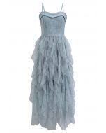 Ruffle Mesh Spliced Asymmetric Cami Dress in Dusty Blue