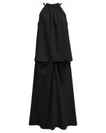 Ruffle Halter Top and Twist Front Maxi Skirt Set in Black