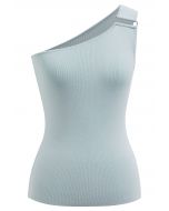 U-Shaped Metal Decor One-Shoulder Knit Top in Mint