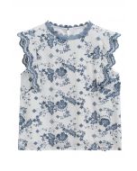 Blue Floral Embroidery Ruffle Sleeveless Cotton Top