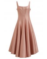 Polished Satin Flared Hem Cami Dress in Coral