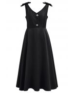 Bow Shoulder Zircon Button Midi Dress in Black