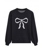 Ribbon Bowknot Pattern Jacquard Knit Sweater in Black