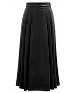 Side Belt Faux Leather Pleated Midi Skirt in Black