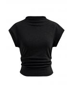 Shimmering Ruched Waist Cap Sleeves Top in Black