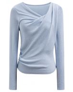 Gentle Crossover Long-Sleeve Knit Top in Blue