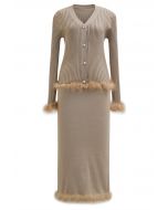 Feather Trim Button Knit Top and Midi Skirt Set in Khaki