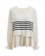 Chic Striped Knit Spliced Peplum Top in Cream