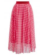 Gingham Print Mesh Tulle Midi Skirt in Red