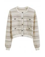 Striped Pointelle Lace Knit Button Cardigan in Oatmeal