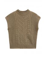 Mock Neck Padded Shoulder Cable Knit Top in Camel