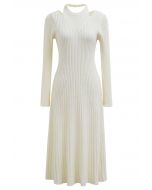 Cutout Neckline Ribbed Knit Midi Dress in Cream