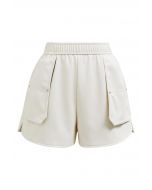 Patch Side Pocket Faux Leather Utility Shorts in Ivory